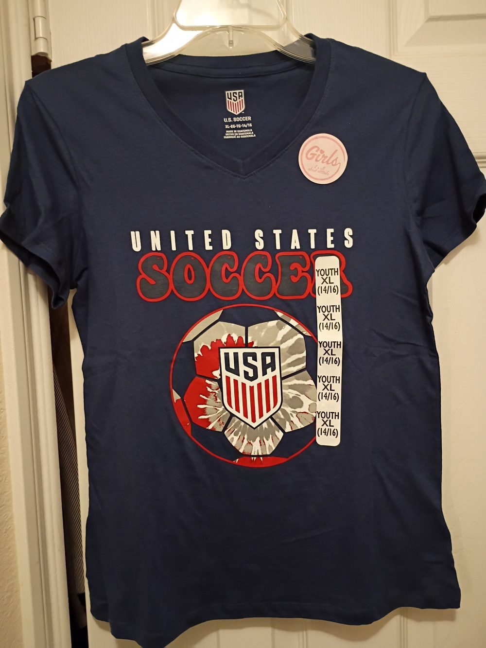 ⚽ USA Soccer Youth V-Neck Tee - Navy with Red & White Girls XXL-18